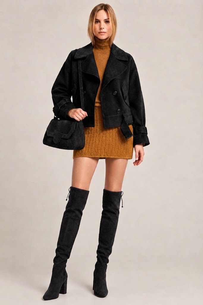 Women's pitch black custom-made thigh-high boots with round toe and high block heel- Top view
